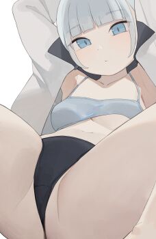 1girl black_panties blue_bra blue_eyes blue_hair blunt_bangs bra breasts collarbone commentary grey_shirt highres hiroki_(yyqw7151) looking_at_viewer open_clothes open_shirt original panties shirt simple_background small_breasts solo underwear white_background