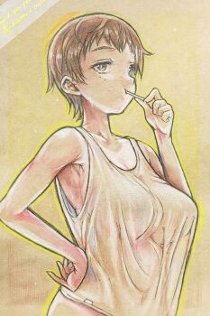 1girl armpit_peek breasts brown_eyes brown_hair brushing_teeth freckles girls_und_panzer hand_on_own_hip large_breasts nabeyu naomi_(girls_und_panzer) short_hair simple_background solo sweatdrop tank_top tomboy white_tank_top