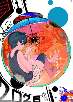 1boy 2026 :| alternate_skin_color antenna_hair bare_arms bare_shoulders black_eyes black_hair black_nails black_shorts black_tank_top black_thighhighs bright_pupils chinese_commentary circle closed_mouth commentary_request expressionless from_behind full_body hair_behind_ear hair_between_eyes hands_up jitome knees_up light_bulb looking_at_viewer looking_back male_focus nail_polish no_shoes omori omori_(omori) profile psychokokuon short_hair shorts sideways_glance simple_background sitting solo something_(omori) striped_clothes striped_shorts tank_top thighhighs twitter_username two-tone_shorts vertical-striped_clothes vertical-striped_shorts very_short_hair waving white_background white_shorts