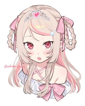 1girl :o bare_shoulders blush_stickers bow braid braided_hair_rings collarbone colored_inner_hair criss-cross_halter cropped_shoulders dress dress_bow fang frilled_dress frills from_above grey_hair hair_intakes hair_ornament hair_over_shoulder hair_ribbon hair_rings hairclip halterneck heart-shaped_gem highres long_hair looking_at_viewer makaino_ririmu multicolored_hair nijisanji off-shoulder_dress off_shoulder official_alternate_costume official_alternate_hairstyle parted_lips pink_bow pink_hair pink_ribbon pink_streaks pointy_ears red_eyes ribbon sakura_243905 side_part side_up_ring sidelocks simple_background skin_fang solo star_(symbol) star_hair_ornament streaked_hair swept_bangs tiara twitter_username two-tone_hair two_side_up upturned_eyes virtual_youtuber white_background white_dress