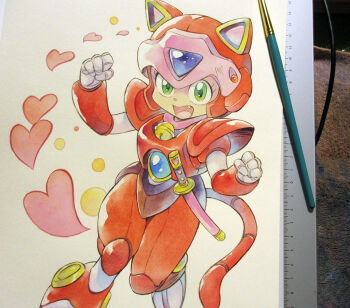 1girl agahari android animal_ear_helmet animal_ears animal_helmet armor art_brush art_tools_in_frame bell cat_ears cat_girl cat_tail commentary_request fang fewer_digits foot_out_of_frame furry furry_female hands_up heart jingle_bell joints katana kyatto_ninden_teyandee neck_bell open_mouth paintbrush painting_(medium) photo_(medium) pururun_(kyatto_ninden_teyandee) red_armor robot_joints ruler sheath sheathed shoulder_armor smile solo standing sword tail traditional_media weapon