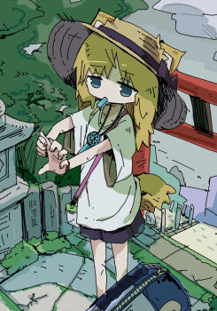 1girl animal_ears bag black_bow black_shorts blonde_hair blue_eyes bow cat_ears ears_through_headwear food food_in_mouth handheld_electric_fan hat hat_bow mouth_hold naaaaaaaa original outdoors popsicle popsicle_in_mouth shirt shorts solo tail torii