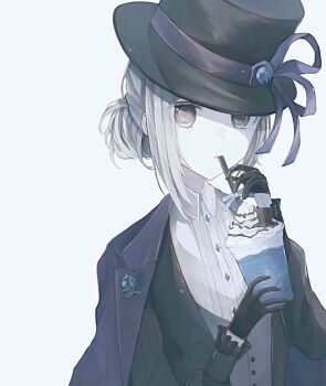1girl black_coat black_gloves black_hat black_jacket blue_ribbon coat coat_on_shoulders collared_shirt cup drink drinking_straw food gloves grey_eyes grey_hair hair_bun hat hat_ribbon highres holding holding_cup holding_drinking_straw ice_cream jacket rainyam6 reverse:1999 ribbon shirt short_hair single_side_bun solo top_hat upper_body vertin_(reverse:1999) white_background white_shirt