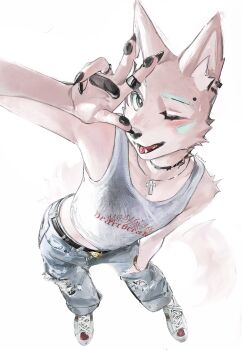 1girl animal_ears animal_nose arm_up barbell_piercing belt black_belt black_nails blue_pants blush body_fur bounsies bracelet chain chain_necklace choker claws clothes_writing collar collarbone cross cross_choker cross_earrings cross_necklace denim ear_piercing earrings eyebrow_piercing face_piercing facial_mark fangs foreshortening from_above full_body furry furry_female hand_up highres inverted_cross jeans jewelry leaning_forward looking_at_viewer multiple_earrings multiple_rings necklace one_eye_closed open_mouth original pants piercing pink_fur ring shirt shoes signature simple_background sleeveless sleeveless_shirt smile sneakers snout solo spikes standing tail tank_top teeth tongue tongue_out tongue_piercing torn_clothes torn_jeans torn_pants two-tone_fur white_background white_fur white_shoes wolf_ears wolf_girl wolf_tail