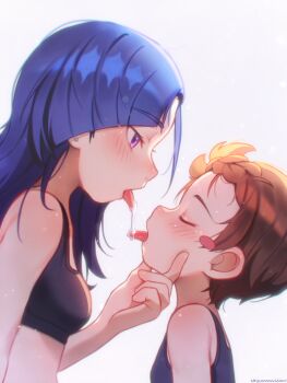 2girls absurdres after_kiss age_difference blue_hair blush brown_hair closed_eyes female_focus heart highres loli long_hair medalist_(manga) multiple_girls najucaju_naju okazaki_iruka onee-loli pink_eyes saliva saliva_trail short_hair simple_background sports_bra tongue tongue_out upper_body white_background yuitsuka_inori yuri