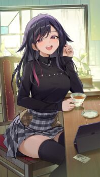 1girl black_hair black_sweater black_thighhighs breasts chair character_request clothes_writing crossed_legs cup drinking_glass grey_skirt highres holding holding_cup indoors jewelry kainown large_breasts long_hair long_sleeves looking_at_viewer miniskirt multicolored_hair necklace open_mouth pink_streaks pleated_skirt project_blue_(vtuber) purple_eyes ribbed_sweater saucer sitting skirt smile solo streaked_hair sweater table tea teacup thighhighs turtleneck turtleneck_sweater window