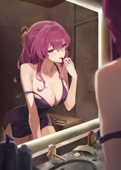 1girl absurdres alternate_costume applying_lipstick applying_makeup bathroom blush breasts chowol collarbone cosmetics dress highres holding holding_lipstick_tube honkai:_star_rail honkai_(series) kafka_(honkai:_star_rail) large_breasts lipstick_tube looking_at_mirror mirror panties parted_lips ponytail purple_dress purple_eyes purple_hair sidelocks single_off_shoulder solo underwear unworn_panties
