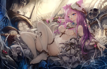 1girl absurdres animal_ears animal_skull anklet bare_shoulders blue_eyes bracelet breasts bug butterfly candelabra candle candlestand cat_ears collar_jewel commentary_request covered_erect_nipples covered_navel cross fang feathers fountain full_body headdress heart highres insect jewel_under_eye jewelry knees_up long_hair medium_breasts open_mouth original pink_butterfly pink_hair pink_nails reclining see-through_clothes see-through_shirt seelehan shirt skeleton skin_fang skull solo thighhighs thighlet tongue tongue_out twirling_hair white_butterfly white_feathers white_thighhighs