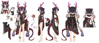 1girl ai_si_te_yisheng_tui anklet ass barefoot black_dress china_dress chinese_clothes dragon_girl dragon_horns dragon_ornament dragon_tail dress feet gradient_horns hair_rings horns jewelry long_hair multicolored_horns multiple_views original panties pointy_ears purple_hair purple_horns red_eyes red_frills red_horns red_panties red_ribbon red_skirt reference_sheet ribbon skirt snake_print solo tail twintails underwear