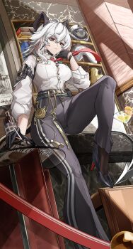 1girl absurdres ahoge arm_pouch black_choker black_gloves black_horns black_pants black_shoes black_tail breasts button_gap choker cleavage commentary_request curled_horns demon_horns demon_tail earrings gloves grey_hair hair_between_eyes hand_up high_heels highres horns jewelry key_earrings large_breasts long_hair multicolored_hair my_neighbor_totoro_yerby necktie pants parted_lips partial_commentary pocket_watch pouch red_eyes red_necktie shirt shirt_tucked_in shoes solo streaked_hair tail watch white_hair white_shirt wuthering_waves zani_(wuthering_waves)