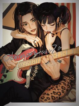 1boy 1girl black_hair brown_hair commentary electric_guitar eren_yeager gothic_punk guitar instrument long_hair mikasa_ackerman pantyhose punk shingeki_no_kyojin untranslatable_commentary yabi_oblivion