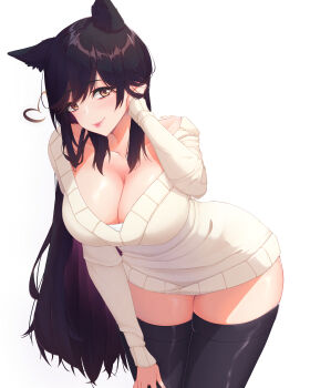 1girl absurdres alternate_costume animal_ears atago_(azur_lane) azur_lane black_hair black_thighhighs breasts cleavage hand_in_own_hair hazel_eyes highres large_breasts leaning_forward long_hair rein_akane solo sweater thighhighs very_long_hair