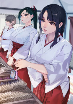 3girls absurdres arrow_(projectile) artist_name black_hair blue_eyes breasts brown_hair charm_(object) closed_eyes commentary_request green_hair hair_ribbon hakama hakama_skirt hamaya highres japanese_clothes kagematsuri kimono large_breasts mature_female miko mole mole_under_eye multiple_girls original parted_lips ponytail profile purple_eyes red_hakama red_ribbon ribbon short_hair shrine sidelocks skirt standing white_kimono wide_sleeves