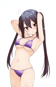 1girl :o alternate_costume armpits arms_behind_head bikini black_hair blush breasts brown_eyes collarbone commentary_request cowboy_shot double-parted_bangs flying_sweatdrops hair_between_eyes halterneck highres hitorilily k-on! large_breasts long_hair looking_at_viewer nakano_azusa navel open_mouth purple_bikini sidelocks simple_background skindentation solo stomach straight_hair swimsuit underboob very_long_hair white_background