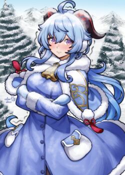 1girl absurdres bell blue_coat blue_hair blush breasts coat commentary commission english_commentary ganyu_(genshin_impact) genshin_impact goat_girl goat_horns highres horns large_breasts long_hair looking_at_viewer neck_bell purple_eyes rotomdocs snow solo tree very_long_hair winter_clothes winter_coat