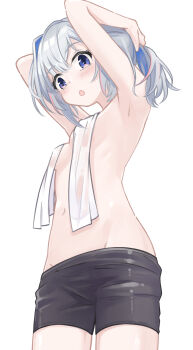 1girl absurdres amane_kanata armpits arms_up bare_arms bare_shoulders black_shorts blue_eyes blue_hair blush boxers breasts colored_inner_hair highres hololive k-go looking_at_viewer looking_down male_underwear multicolored_hair naked_towel navel nude open_mouth pink_hair shorts small_breasts solo streaked_hair surprised towel underwear virtual_youtuber white_background white_hair
