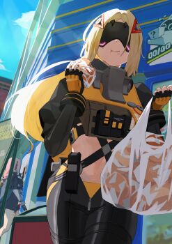 2girls absurdres ammunition_pouch armor bag black_gloves black_pants black_shrug black_skirt blindfold_mask blonde_hair blue_sky building camouflage camouflage_jacket camouflage_pants closed_mouth cloud commentary_request covered_eyes eating fingerless_gloves food from_side gloves glowing_mask gun hair_ornament handgun headset high-waist_skirt highres holding holding_bag holding_food jacket latex_pants long_hair mask multiple_girls navel outdoors pants pencil_skirt pink_hair plastic_bag ponytail pouch ring_hair_ornament shinarika396 shop shopping_bag shoulder_armor shrug_(clothing) skirt sky steamed_bun stomach tight_clothes tight_pants triangle_hair_ornament trigger_(zenless_zone_zero) tsukishiro_yanagi weapon zenless_zone_zero zipper_pull_tab