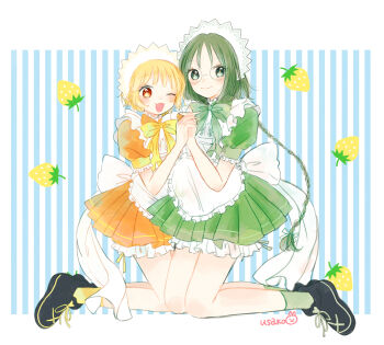 2girls apron blonde_hair braid cafe_mew_mew_uniform dress fong_pudding food frilled_apron frills fruit glasses green_dress green_eyes green_hair highres long_hair maid maid_apron maid_headdress midorikawa_lettuce multiple_girls one_eye_closed orange_dress orange_eyes puffy_short_sleeves puffy_sleeves short_hair short_sleeves strawberry tokyo_mew_mew tokyo_mew_mew_re-turn twin_braids usako_(usamochiko0x0) white_apron