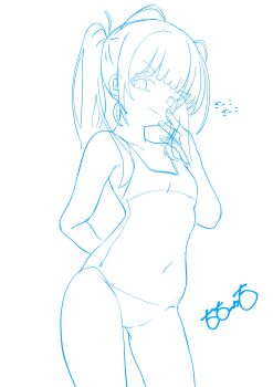 1girl animal_ears artist_name bare_shoulders blunt_bangs breasts cat_ears closed_mouth colored_lineart covered_navel cowboy_shot dot_nose fake_animal_ears highres looking_at_viewer monochrome one-piece_swimsuit original school_swimsuit sidelocks signature simple_background sketch small_breasts smile smug solo swimsuit totomoto twintails white_background