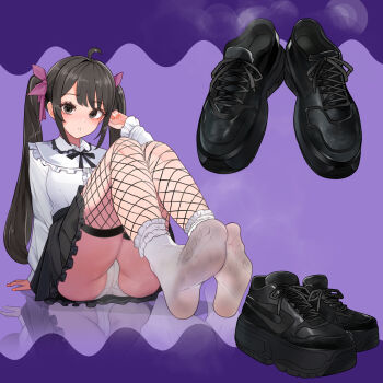 1girl ahoge arm_at_side arm_support ass bib_collar black_bow black_bowtie black_hair black_shoes black_skirt bow bowtie collared_shirt commentary_request commission dirty dirty_clothes fingernails fishnet_thighhighs fishnets foot_focus frilled_shirt_collar frills full_body grey_eyes hair_bow hand_up highres knees_up large_variant_set long_hair looking_at_viewer lumina414 miniskirt nail_polish no_shoes orange_nails original panties parted_lips pixiv_commission purple_background purple_bow reflection shirt shirt_tucked_in shoes sitting skirt smell sneakers socks socks_over_thighhighs solo thighhighs twintails underwear unworn_shoes variant_set white_mouth white_panties white_shirt white_socks wing_collar