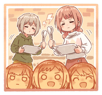 5girls :d :| =_= ^_^ afterglow_(bang_dream!) aoba_moca argyle_clothes argyle_sweater bang_dream! border bread brown_background closed_eyes closed_mouth commentary food foodification green_hoodie grey_hair hashtag-only_commentary hazawa_tsugumi highres holding holding_tongs holding_tray hood hoodie light_frown lightning_bolt_symbol long_sleeves low_twintails mitake_ran multicolored_hair multiple_girls nervous_smile o3o o_o open_mouth pink_hair puckered_lips short_hair smile streaked_hair sweatdrop sweater tongs tray twintails udagawa_tomoe uehara_himari v-shaped_eyebrows white_border white_sweater yukitake_(xuserpost)