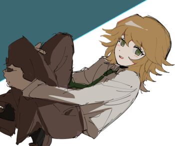 1boy :d blush brown_hair brown_pants brown_shoes danganronpa:_trigger_happy_havoc danganronpa_(series) from_side fujisaki_chihiro green_background green_eyes green_necktie grey_shirt hairstarfish long_sleeves looking_at_viewer male_focus necktie open_mouth pants shirt shoes smile solo teeth trap upper_teeth_only white_background