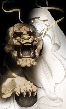 1girl 1other chinese_clothes closed_eyes closed_mouth cloud_haetae_cookie colored_skin commentary cookie_run cookie_run:_kingdom dark_skin english_commentary gatoburr0 highres komainu long_hair mystic_flour_cookie white_hair white_skin yellow_eyes