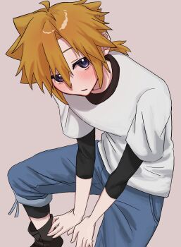 1boy aged_down black_boots blonde_hair blue_eyes blue_pants blush boots closed_mouth cloud_strife commentary_request feet_out_of_frame final_fantasy final_fantasy_vii final_fantasy_vii_remake hair_between_eyes highres invisible_chair looking_at_viewer low_ponytail male_focus pants ponytail shirt simple_background sitting solo spiked_hair suisui_434 t-shirt white_shirt