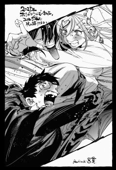 1boy 2girls black_border blush border breasts charuko_(hachinuki_tetsuyo) gakuran grimace gyaru hachinuki_tessei hair_over_one_eye highres jimiko jitome kogal mob_face moire multiple_girls open_mouth original panties pantyshot reaching round_eyewear scared school_uniform serafuku she_(hachinuki_tetsuyo) shibamae_(hachinuki_tetsuyo) skirt sweat tongue tongue_out twintails underwear