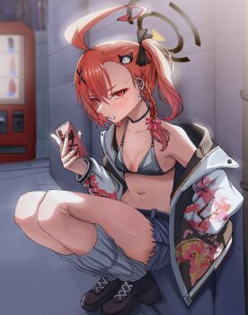1girl ahoge bikini bikini_top_only black_halo black_jacket black_shoes black_shorts blue_archive breasts clenched_teeth commentary_request grey_bikini halo highres holding holding_phone huge_ahoge jacket looking_at_viewer midriff navel neru_(blue_archive) orange_hair outdoors phone red_eyes shoes shorts side_ponytail small_breasts solo squatting swimsuit taeman teeth thighs vending_machine