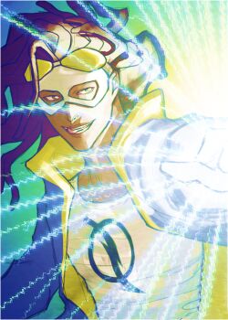 1boy abrza black_hair dark_skin dc_comics domino_mask dreadlocks electricity emblem eye_mask gloves goggles goggles_on_head jacket lightning_bolt_symbol male_focus mask solo static_(dc) static_shock virgil_ovid_hawkins