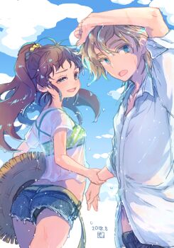 Rule 34 | 1boy, 1girl, 2018, arm up, belt, bikini, bikini under clothes, blonde hair, blue eyes, blue shorts, blue sky, brown eyes, brown hair, cloud, collarbone, collared shirt, day, denim, denim shorts, dress shirt, floating hair, freckles, green bikini, hair ornament, hair scrunchie, half-closed eyes, hat, highres, holding, holding another's wrist, holding unworn clothes, holding unworn hat, isuzu (log horizon), log horizon, long hair, lunderhaus cord, midriff, mo (deciliter), navel, outdoors, polka dot, polka dot bikini, ponytail, scrunchie, shirt, short shorts, shorts, sky, stomach, straw hat, sun hat, swimsuit, unworn hat, unworn headwear, wet, wet clothes, wet hair, wet shirt, white shirt, wing collar, yellow belt, yellow scrunchie