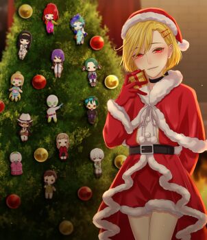 1girl 2others 5boys 6+girls alternate_costume beluga_whale black_cat black_eyes black_hair blunt_bangs cat chibi chipie_(gnosia) christmas christmas_ornaments christmas_tree comet_(gnosia) dress eyelashes gina_(gnosia) gloves gnosia hair_between_eyes hat highres hime_cut jonas_(gnosia) kukrushka_(gnosia) long_hair looking_at_viewer multiple_boys multiple_girls multiple_others otome_(gnosia) raqio red_pikmin remnan_(gnosia) santa_hat setsu_(gnosia) sha-ming shigemichi short_hair simple_background smile solo sq_(gnosia) stella_(gnosia) straight_hair white_dress white_gloves yuriko_(gnosia) yuyht1758