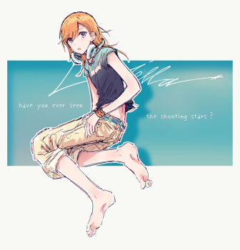 Rule 34 | 1girl, :o, aqua background, barefoot, black shirt, commentary, english text, full body, group name, headphones, headphones around neck, highres, long hair, looking at viewer, love live!, love live! superstar!!, midriff peek, open mouth, orange hair, pants, purple eyes, shibuya kanon, shirt, short sleeves, soles, solo, toes, yellow pants, yukitake (bullfalk)