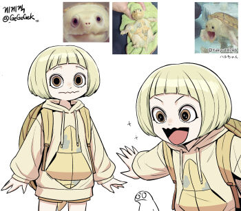 artist_self-insert backpack bag blonde_hair creature_and_personification gegegekman highres hood hoodie original personification photo_inset reference_inset short_shorts shorts turtle turtle_girl yellow_bag yellow_hoodie