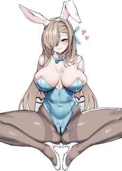 1girl animal_ear_hairband animal_ears asuna_(blue_archive) asuna_(bunny)_(blue_archive) bar_censor bare_shoulders blonde_hair blue_archive blue_bow blue_bowtie blue_eyes blue_leotard blush bow bowtie breasts breasts_apart cameltoe censored collarbone covered_groin covered_navel detached_collar fake_animal_ears gloves gluteal_fold grin hair_over_one_eye hairband high_heels highleg highleg_leotard highres large_breasts leotard long_hair looking_at_viewer mole mole_on_breast no_halo pantyhose pichipeek rabbit_ear_hairband rabbit_ears shoes smile solo spread_legs strapless strapless_leotard thighband_pantyhose very_long_hair white_gloves white_shoes
