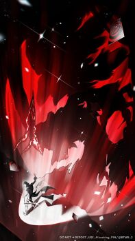 1boy amamiya_ren arsene_(persona_5) black_coat btmr_game calling_card coat commentary curtains english_commentary gloves highres holding holding_weapon male_focus pants persona persona_5 red_gloves solo sparkle stage stage_curtains stage_lights standing weapon