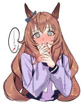 1girl animal_ears blue_eyes blush bow breasts brown_hair chikabe commentary_request ear_bow ear_ornament hair_between_eyes highres horse_ears horse_girl large_breasts long_hair looking_at_viewer maruzensky_(umamusume) shirt solo umamusume