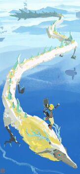 1boy above_clouds absurdres antlers blue_sky cloud creature creature_focus dragon eastern_dragon from_above full_body highres horns link mountainous_horizon neo1900 nintendo riding sky solo standing_on_animal the_legend_of_zelda the_legend_of_zelda:_tears_of_the_kingdom