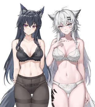 2girls absurdres animal_ear_fluff animal_ears arknights arms_behind_back black_bra black_hair black_nails black_panties bow bow_bra bow_panties bra breasts brown_eyes brown_pantyhose collarbone commentary cowboy_shot crossed_bangs extra_ears gongbangmanchi_(daisy_cutter) grey_eyes hand_on_own_arm hand_on_own_chest highres lace lace-trimmed_bra lace_trim lappland_(arknights) linea_alba long_hair material_growth medium_breasts multiple_girls nail_polish navel oripathy_lesion_(arknights) panties pantyhose scar scar_across_eye scar_on_face simple_background smile tail texas_(arknights) thigh_gap thighband_pantyhose underwear untranslatable_commentary white_background white_bra white_panties wolf_ears wolf_girl wolf_tail