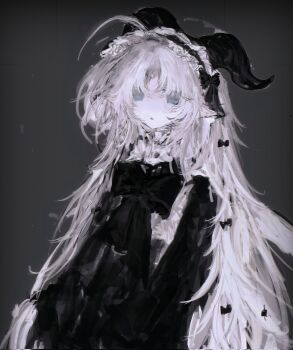 1girl :o akama_chlorine alt_text bib_collar black_bow black_bowtie black_dress black_hat blue_eyes bow bowtie collared_shirt commentary_request cowboy_shot dress frilled_shirt_collar frills grey_background hair_bow hat high_collar highres jester_cap juliet_sleeves long_hair long_sleeves messy_hair multiple_hair_bows original pale_skin parted_bangs parted_lips pointy_ears puffy_sleeves shirt shirt_under_dress simple_background solo standing very_long_hair white_hair white_shirt