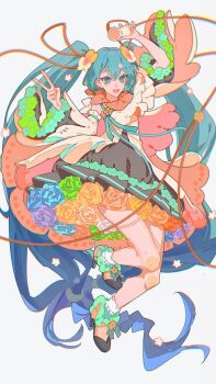 Rule 34 | 1girl, aqua eyes, aqua hair, blue hair, detached sleeves, dress, flower, flower underskirt, hair between eyes, hair flower, hair ornament, hatsune miku, highres, holding, long hair, looking at viewer, magical mirai miku, magical mirai miku (2021), open mouth, ribbon, shirt, skirt, smile, solo, twintails, very long hair, vocaloid, white flower, wide sleeves, wusebuhui, yellow flower