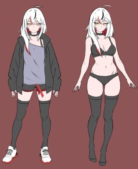 1girl anb_(anb_draws) black_bra black_choker black_hair black_hoodie black_panties black_shorts black_thighhighs bra breasts brown_background choker colored_inner_hair commentary english_commentary frown grey_shirt hip_bones hood hoodie medium_breasts minami_(anb_draws) multicolored_hair navel off-shoulder_shirt off_shoulder original panties red_hair shirt shoes short_shorts shorts sleeves_past_wrists sneakers streaked_hair thighhighs underwear white_hair white_shoes yellow_eyes