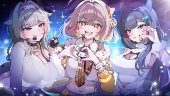 3girls :d absurdres animal_ears anis_(nikke) anis_(star)_(t.t._star)_(nikke) antenna_hair aqua_eyes black_bra black_choker black_hair black_nails blunt_bangs blush bow bra bracelet breasts brown_eyes brown_hair brown_necktie cat_necklace choker cleavage cleavage_cutout clothing_cutout commentary english_commentary fingernails fish_hair_ornament goddess_of_victory:_nikke grey_eyes grey_hair grey_nails hair_bow hair_ornament hand_up headband headset heart heart_hands highres igloo1833 jewelry large_breasts long_sleeves looking_at_viewer medium_hair midriff mint_(nikke) multiple_bracelets multiple_girls navel necklace necktie off_shoulder official_alternate_costume open_mouth parted_lips plaid_clothes plaid_necktie prika_(nikke) see-through_clothes single_bare_shoulder single_off_shoulder smile sparkle sparkling_eyes teeth underwear upper_body upper_teeth_only v wrist_cuffs
