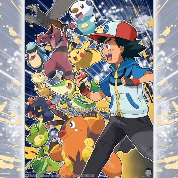 1boy artist_name ash_ketchum baseball_cap bird black_gloves black_hair black_pants blue_jacket boldore brown_eyes closed_mouth commentary company_name copyright_notice english_commentary fangs fingerless_gloves from_side gen_1_pokemon gen_5_pokemon gloves hat holding holding_poke_ball hood hood_down hooded_jacket instagram_username jacket krookodile leavanny long_tongue male_focus merchandise_available nintendo nostrils official_style open_mouth oshawott outline palpitoad pants pignite pikachu poke_ball poke_ball_(basic) pokemon pokemon_(anime) pokemon_(creature) pokemon_bw_(anime) red-framed_eyewear red_hat scraggy short_hair short_sleeves smile snivy sunglasses teeth tom_higgins tongue tongue_out unfezant unfezant_(female) upper_teeth_only watermark white_outline yellow_eyes