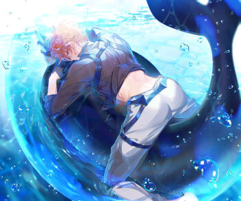 1boy ass back black_gloves blue_eyes brown_shirt commentary dr.k earrings english_commentary from_behind genshin_impact gloves grey_pants highres jewelry looking_at_viewer looking_back male_focus orange_hair pants shirt solo tartaglia_(genshin_impact) underwater