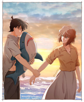 1boy 1girl absurdres black_hair black_pants blue_eyes brown_hair brown_shirt cloud cloudy_sky collared_shirt commentary_request grey_shirt grey_skirt hetero highres holding holding_another's_wrist holding_hands holding_stuffed_toy kudou_shin'ichi lin900805 long_skirt meitantei_conan miyano_shiho ocean open_clothes open_shirt pants shark shirt short_hair short_sleeves skirt sky stuffed_animal stuffed_toy sunset water waves