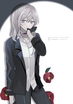 Rule 34 | 1girl, absurdres, biting, biting glove, black choker, black gloves, black jacket, black pants, character name, choker, commentary, english text, flower, girls band cry, gloves, grey eyes, grey hair, hamchan69, highres, jacket, kawaragi momoka, long hair, looking at viewer, pants, parted lips, red flower, shirt, solo, white shirt
