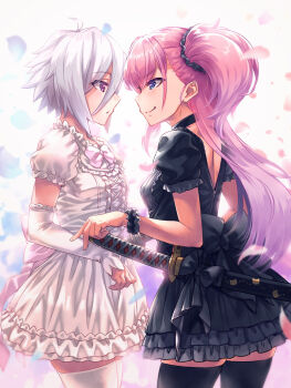 Rule 34 | 2girls, ahoge, back, black choker, black dress, black thighhighs, blue eyes, center frills, choker, closed mouth, commentary request, cowboy shot, detached sleeves, dress, face-to-face, falling petals, frilled dress, frills, from side, hair between eyes, highres, itomi sayaka, katana, long hair, looking at another, mikel (4hands), multiple girls, one side up, parted lips, petals, pink hair, puffy sleeves, purple eyes, scrunchie, sheath, sheathed, short hair, short sleeves, smile, standing, sword, thighhighs, toji no miko, tsubakuro yume, v-shaped eyebrows, weapon, white dress, white sleeves, white thighhighs, wrist scrunchie, zettai ryouiki