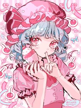 1girl ascot bat_wings blue_hair blush cherry cherry_print collared_shirt commentary_request finger_to_mouth food food_print frilled_shirt_collar frills fruit fruit_print hat hat_ribbon heart heart_print highres holding holding_food looking_at_viewer mob_cap nanaha_(aischtle) pink_hat pink_shirt pudding puffy_short_sleeves puffy_sleeves red_ascot red_eyes red_nails red_ribbon remilia_scarlet ribbon shirt short_hair short_sleeves solo touhou twitter_username whipped_cream wings